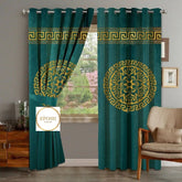 2 Pieces Luxury Velvet Curtain Panels with 2 belts-Green/Gold 013